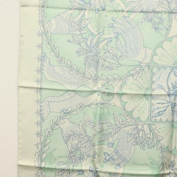 HERMES Carre 90 Scarf ""Les chants du Henne"" Silk Peppermint Auth am8731 - Picture 9 of 15